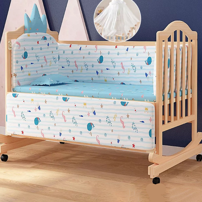 2-in-1 Wooden Crib with Casters Natural Mini Crib with Guardrail and Mattress