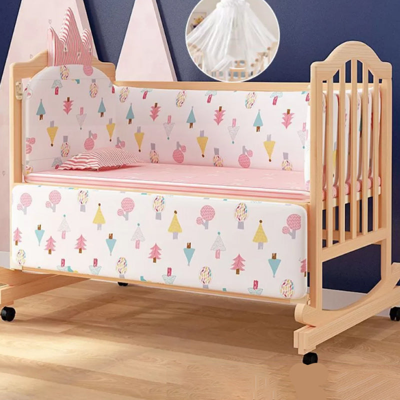 2-in-1 Wooden Crib with Casters Natural Mini Crib with Guardrail and Mattress