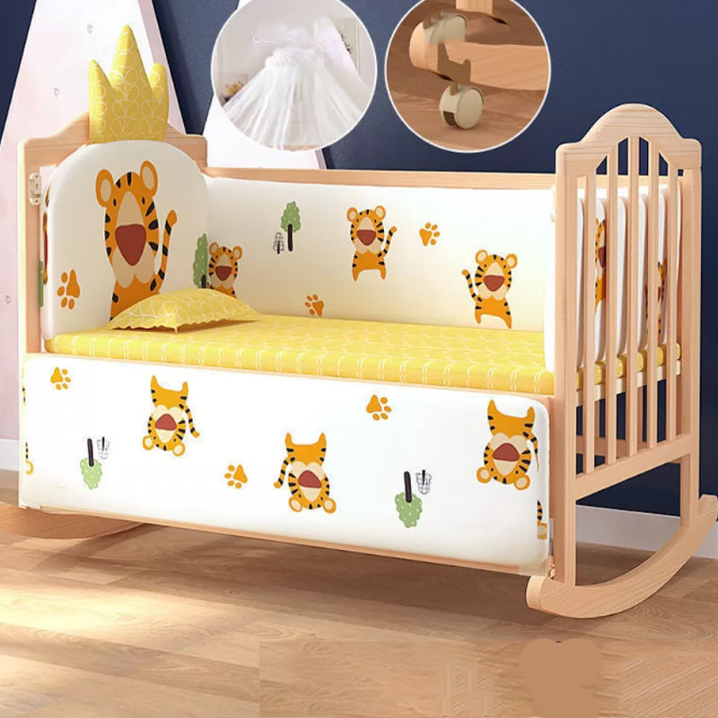 2-in-1 Wooden Crib with Casters Natural Mini Crib with Guardrail and Mattress