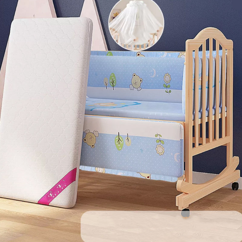 2-in-1 Wooden Crib with Casters Natural Mini Crib with Guardrail and Mattress