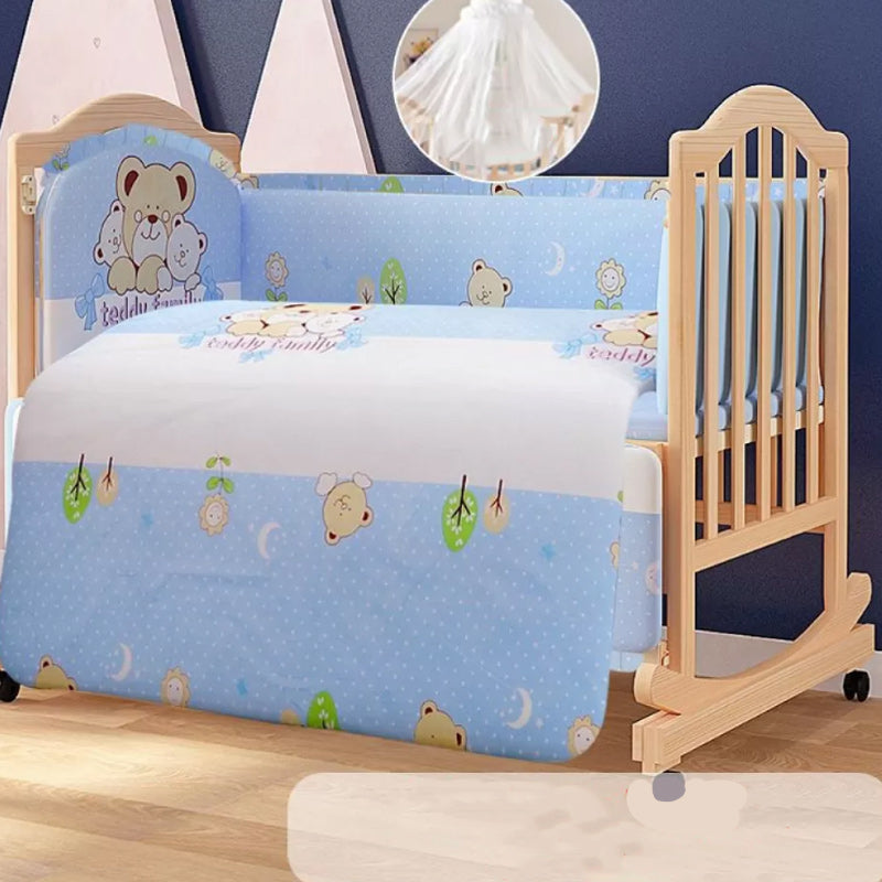 2-in-1 Wooden Crib with Casters Natural Mini Crib with Guardrail and Mattress