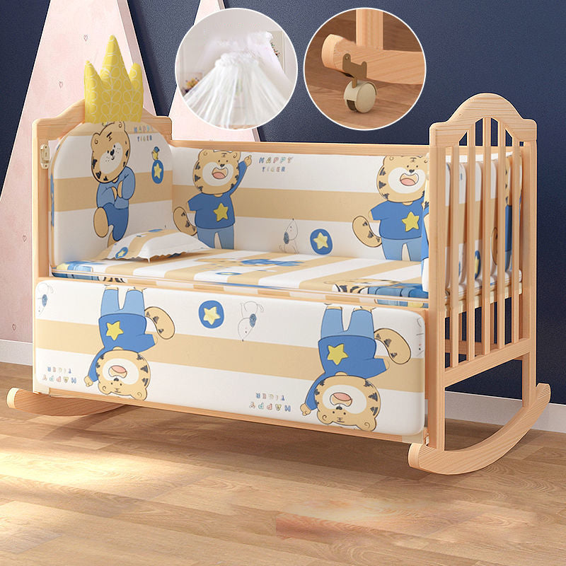 2-in-1 Wooden Crib with Casters Natural Mini Crib with Guardrail and Mattress