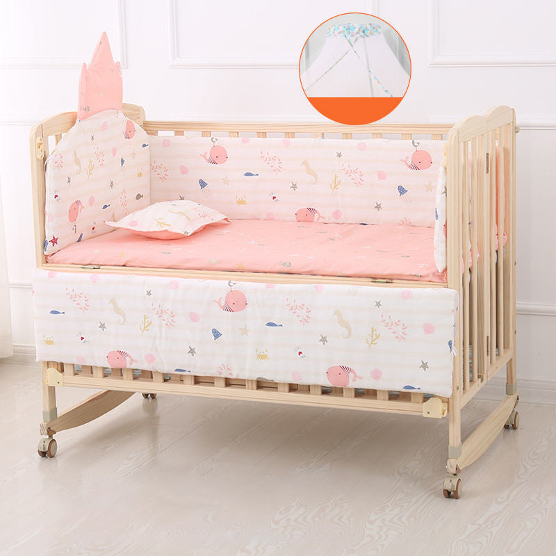 2-in-1 Folding Crib Solid Wood Mini Crib With Casters and 6-Piece Nursery Set