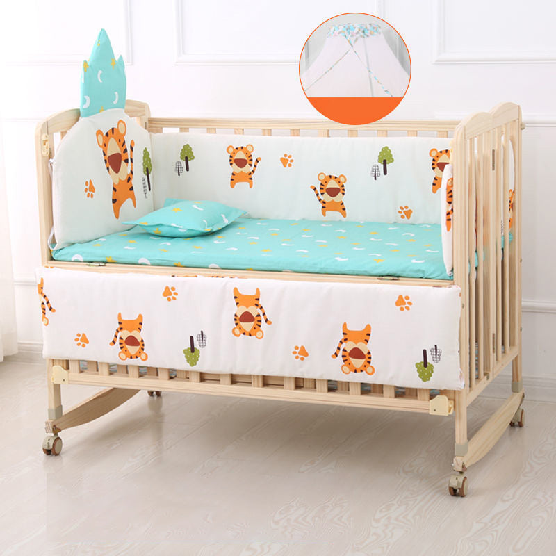 2-in-1 Folding Crib Solid Wood Mini Crib With Casters and 6-Piece Nursery Set