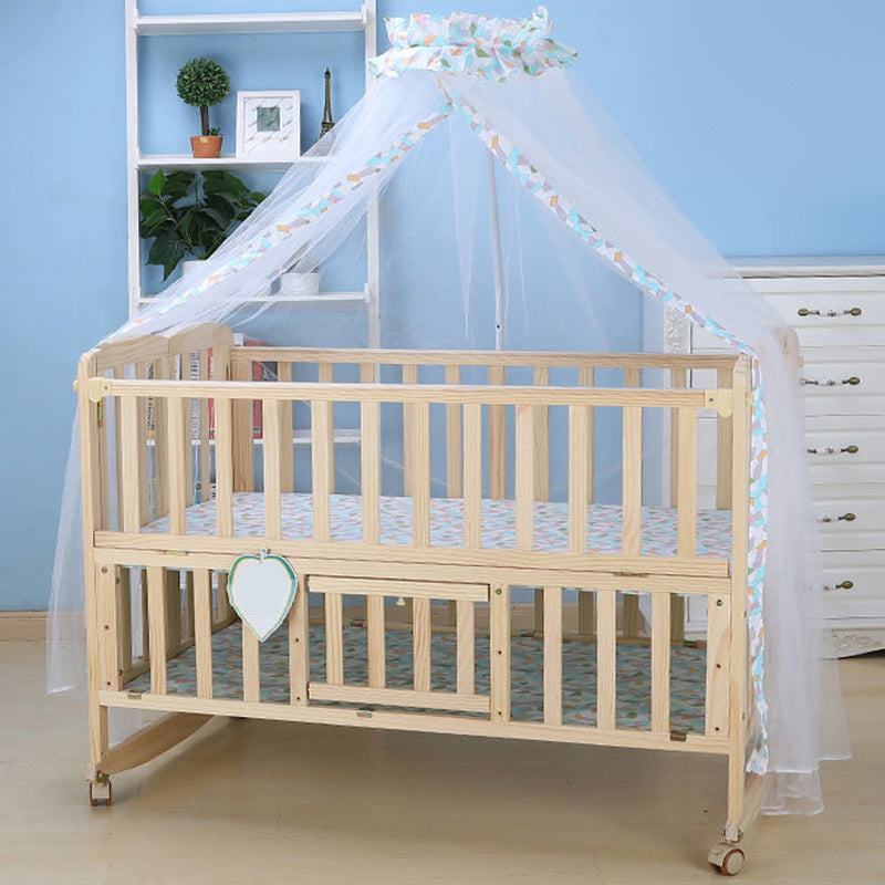 2-in-1 Folding Crib Solid Wood Mini Crib With Casters and 6-Piece Nursery Set