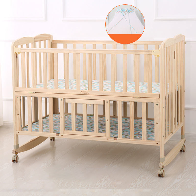 2-in-1 Folding Crib Solid Wood Mini Crib With Casters and 6-Piece Nursery Set