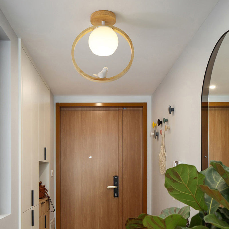 White Shaded Ceiling Light Contemporary Flush Mount Lighting with Wood for Room