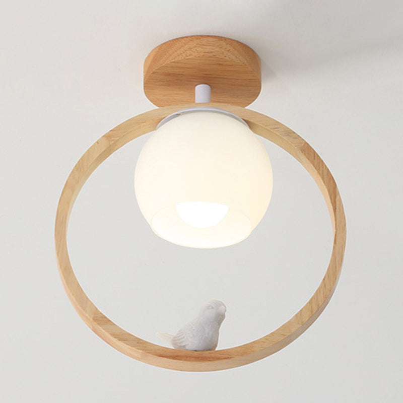 White Shaded Ceiling Light Contemporary Flush Mount Lighting with Wood for Room