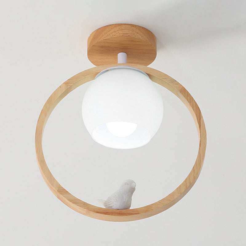 White Shaded Ceiling Light Contemporary Flush Mount Lighting with Wood for Room