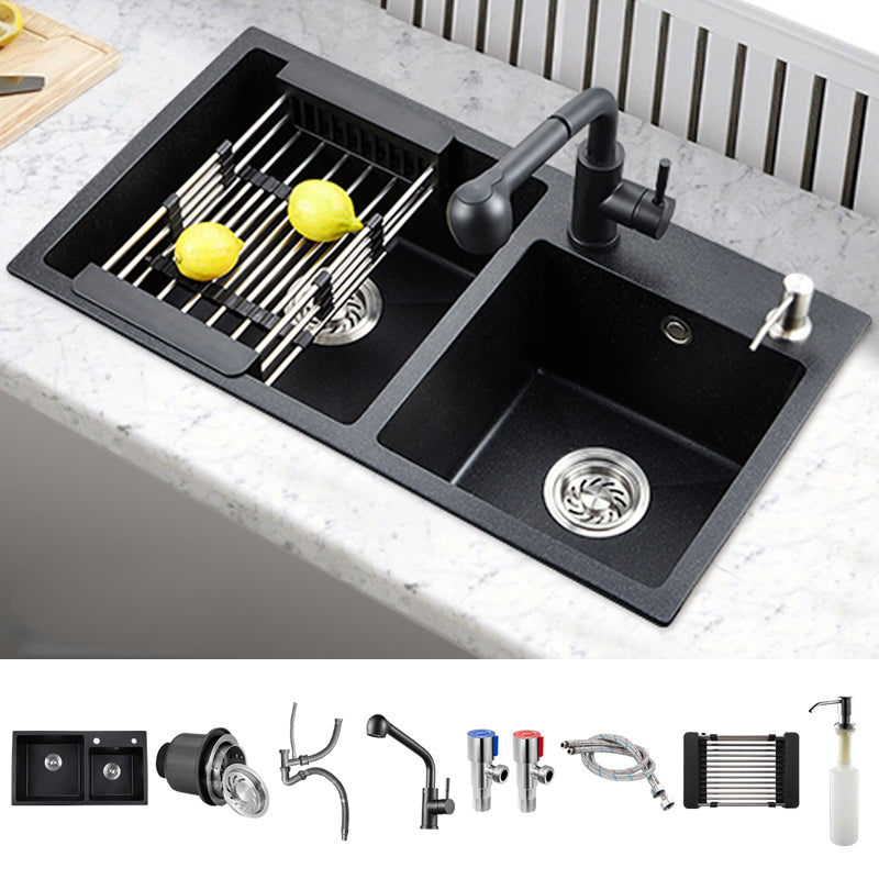 Modern Quartz Kitchen Double Basin Overflow Hole Sink Kitchen Sink in Black