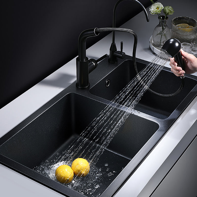 Modern Quartz Kitchen Double Basin Overflow Hole Sink Kitchen Sink in Black