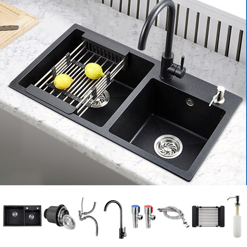 Modern Quartz Kitchen Double Basin Overflow Hole Sink Kitchen Sink in Black