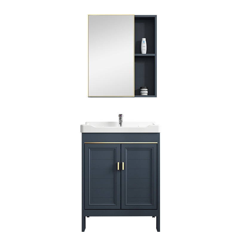 Blue Vanity Freestanding Rectangular Single Sink Mirror Metal Frame Vanity with 2 Doors