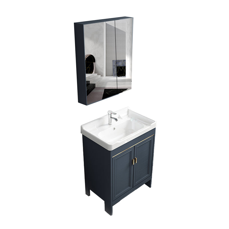 Blue Vanity Freestanding Rectangular Single Sink Mirror Metal Frame Vanity with 2 Doors