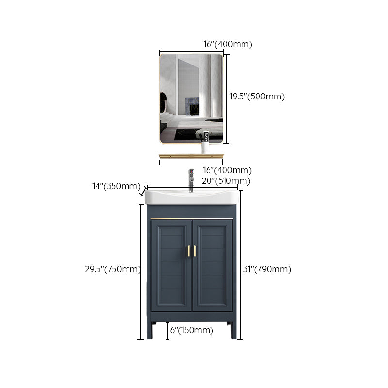 Blue Vanity Freestanding Rectangular Single Sink Mirror Metal Frame Vanity with 2 Doors