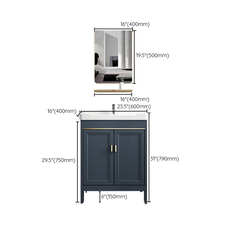 Blue Vanity Freestanding Rectangular Single Sink Mirror Metal Frame Vanity with 2 Doors