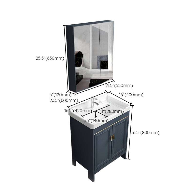 Blue Vanity Freestanding Rectangular Single Sink Mirror Metal Frame Vanity with 2 Doors