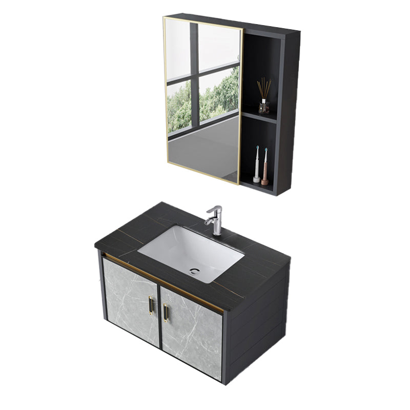 Single Sink Vanity Rectangular Modern Wall Mount Mirror Bathroom Vanity with 2 Doors