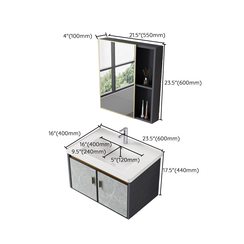 Single Sink Vanity Rectangular Modern Wall Mount Mirror Bathroom Vanity with 2 Doors