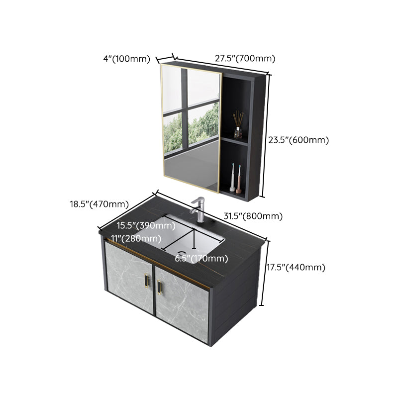 Single Sink Vanity Rectangular Modern Wall Mount Mirror Bathroom Vanity with 2 Doors