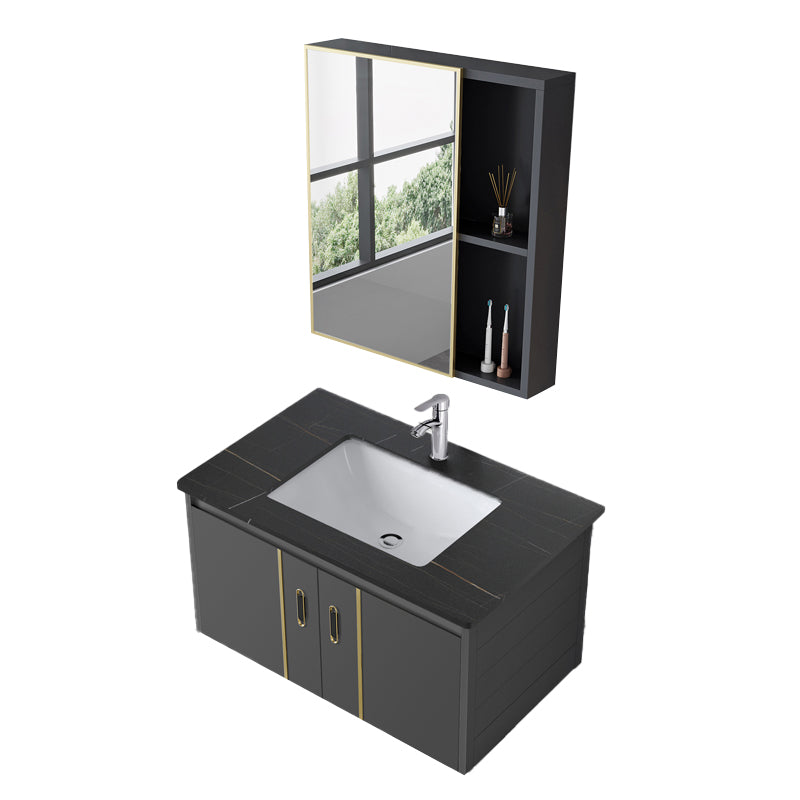 Glam Vanity Wall Mount Single Sink Metal Frame Rectangular Mirror Vanity with 2 Doors