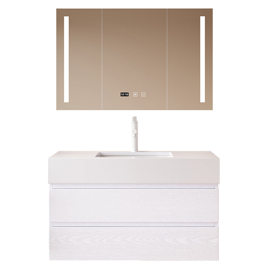 White Bath Vanity Wall Mount Single Sink Rectangular 2 Drawers Wood Frame Vanity