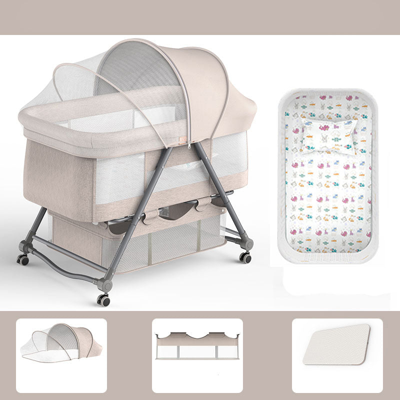 Foldable and Convertible Crib Cradle Square Metal Bassinet with Wheel