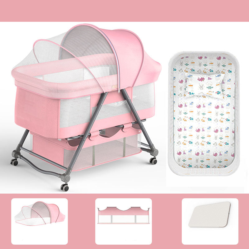 Foldable and Convertible Crib Cradle Square Metal Bassinet with Wheel