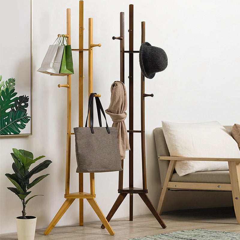 Contemporary Wood Entry Hall Tree Standing Coat Rack with Hooks