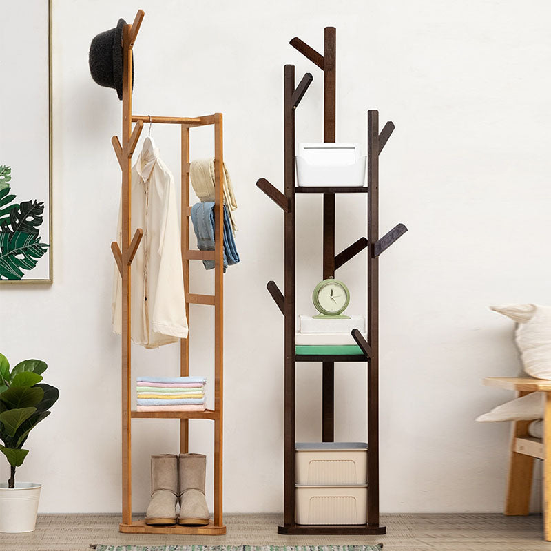 Contemporary Wood Entry Hall Tree Standing Coat Rack with Hooks