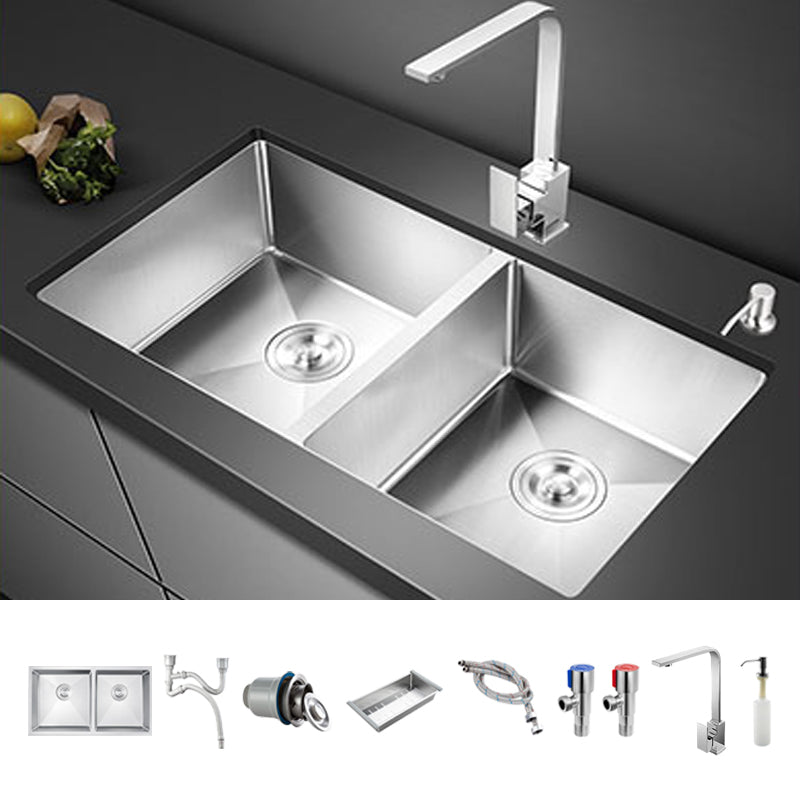 Double Sink Undermount Stainless Steel Sink with Drain Assembly for Kitchen