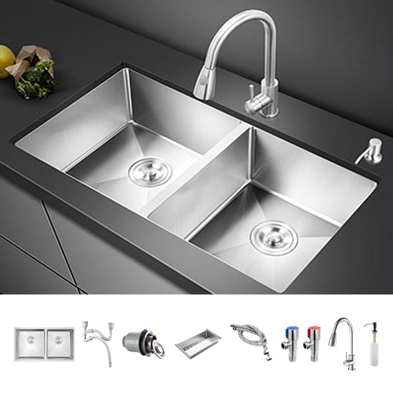 Double Sink Undermount Stainless Steel Sink with Drain Assembly for Kitchen