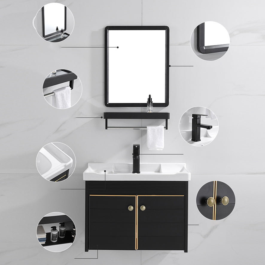 Modern Vanity Set Wall-mounted Ceramic Sink Black Faucet Vanity with Mirror