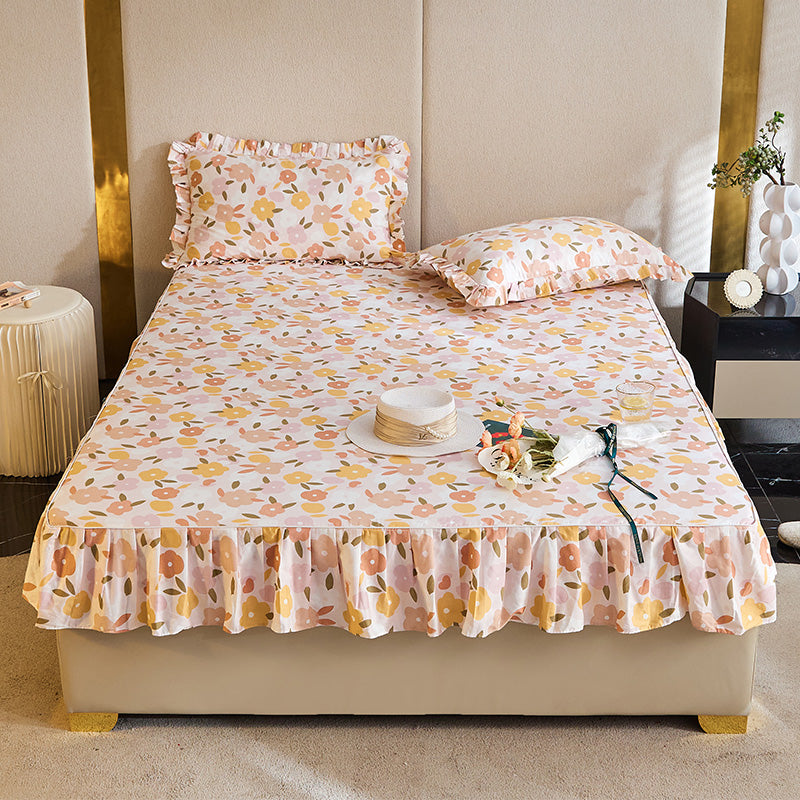 Modern Bed Sheet Set Spring Cotton Floral Print Fitted Sheet