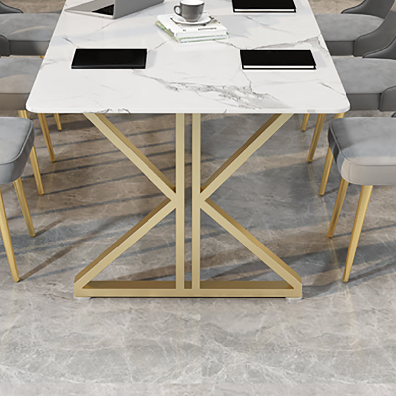 Marble Rectangle White Writing Desk Glam 29.53-inch Tall Office Desk with Gold Legs