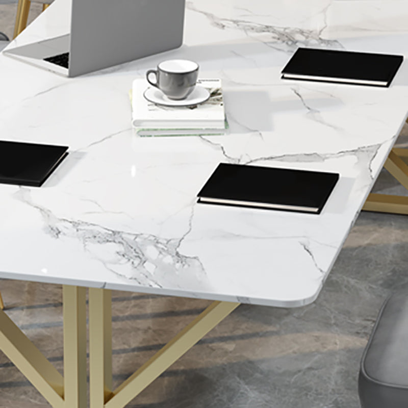 Marble Rectangle White Writing Desk Glam 29.53-inch Tall Office Desk with Gold Legs