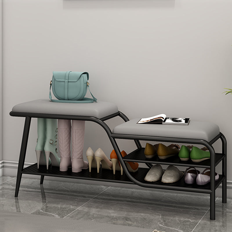 14 Inch Wide Modern Entryway Bench Cushioned Rectangle Metal Seating Bench with Shelves