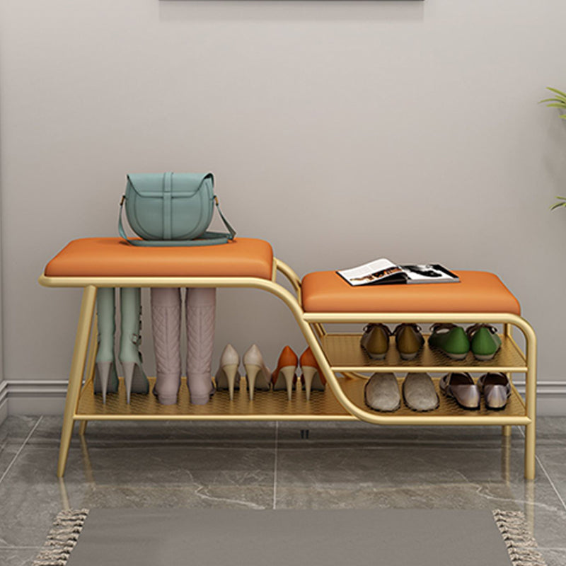 14 Inch Wide Modern Entryway Bench Cushioned Rectangle Metal Seating Bench with Shelves