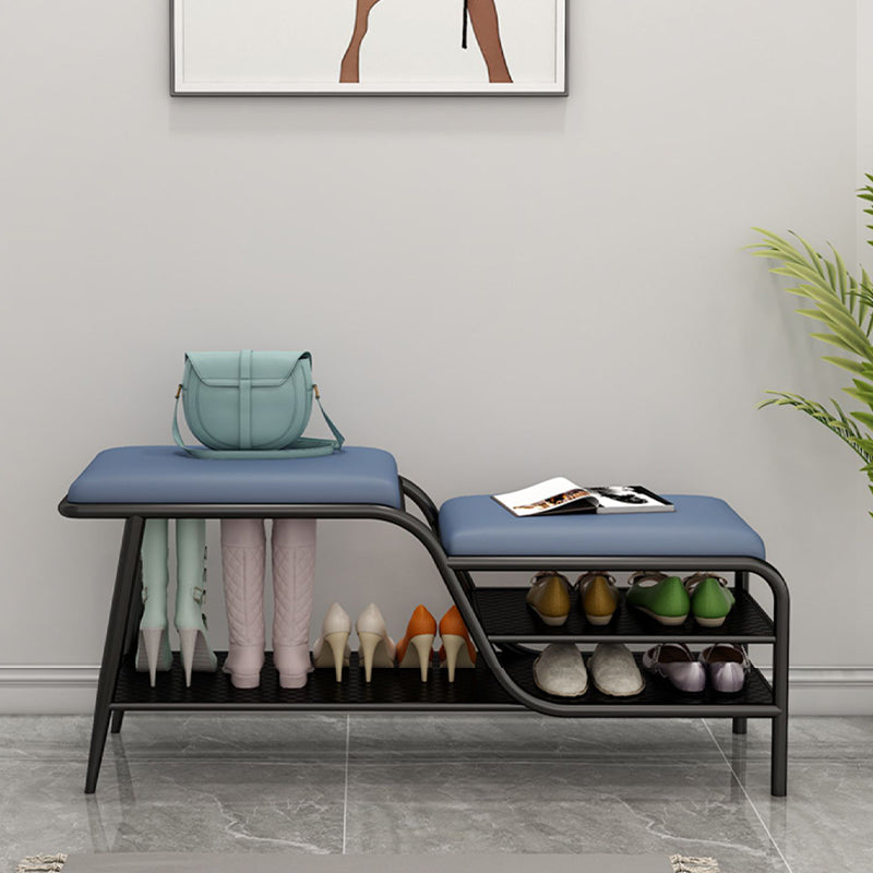 14 Inch Wide Modern Entryway Bench Cushioned Rectangle Metal Seating Bench with Shelves