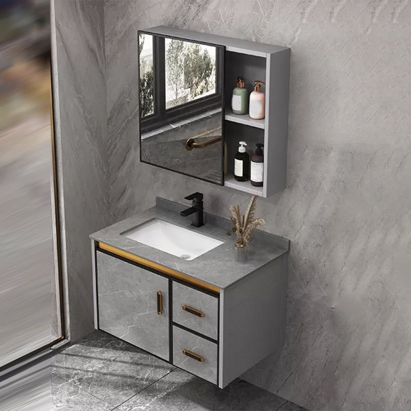 Single Sink Bathroom Vanity Rectangle Grey Wall Mount Bath Vanity Set with Mirror