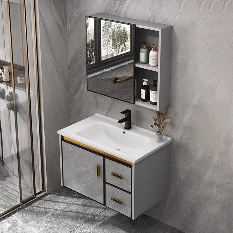 Single Sink Bathroom Vanity Rectangle Grey Wall Mount Bath Vanity Set with Mirror