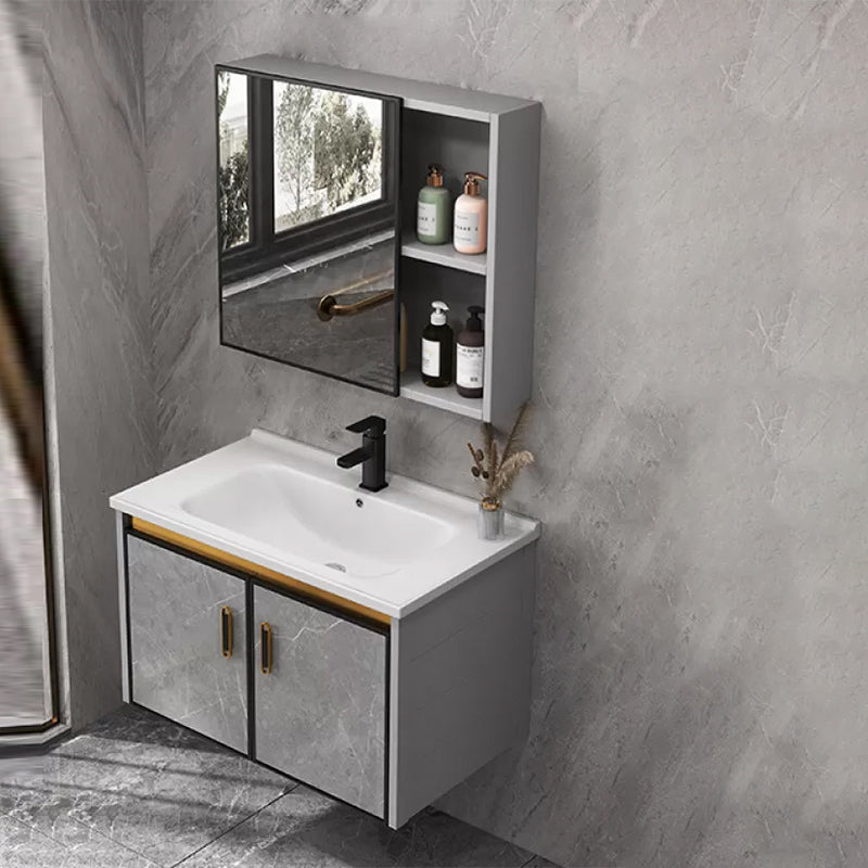 Single Sink Bathroom Vanity Rectangle Grey Wall Mount Bath Vanity Set with Mirror