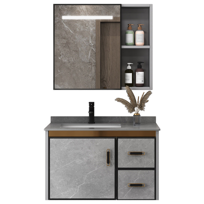 Single Sink Bathroom Vanity Rectangle Grey Wall Mount Bath Vanity Set with Mirror