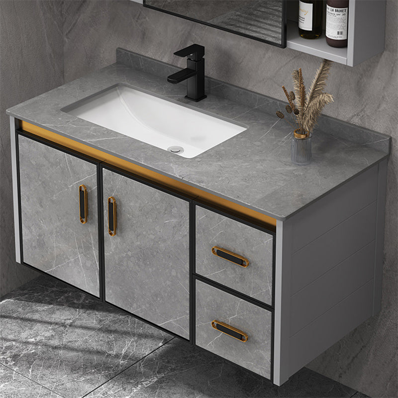 Single Sink Bathroom Vanity Rectangle Grey Wall Mount Bath Vanity Set with Mirror