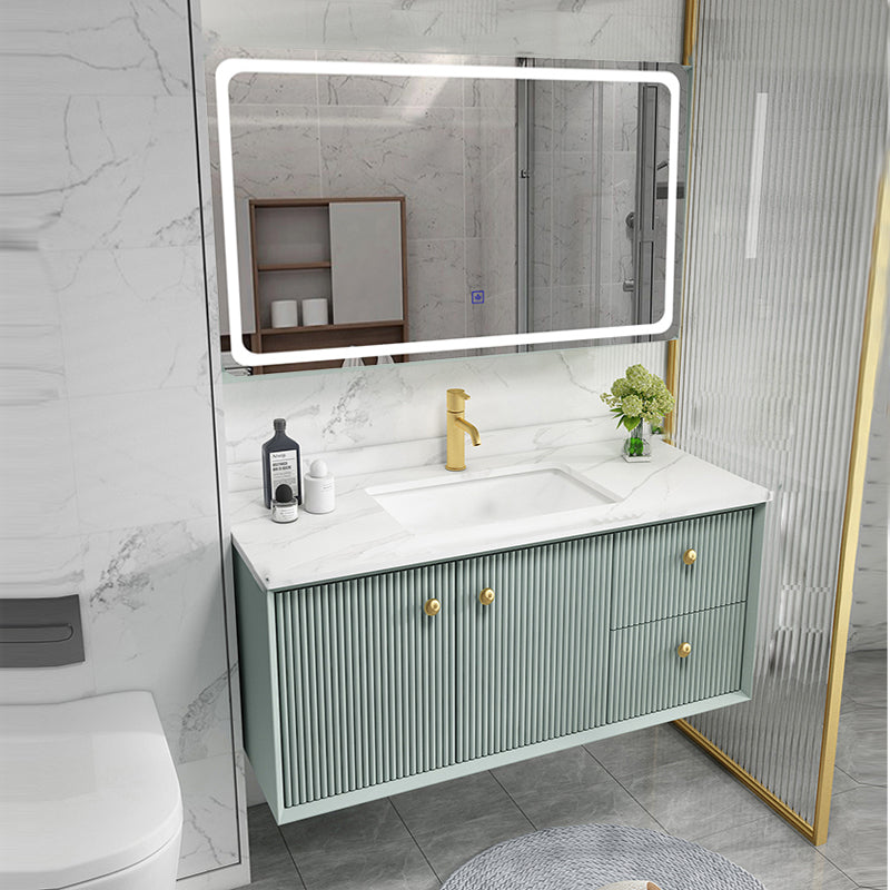 Wood Frame Vanity Glam Green Single Sink Mirror Wall-Mounted Bath Vanity with Drawers