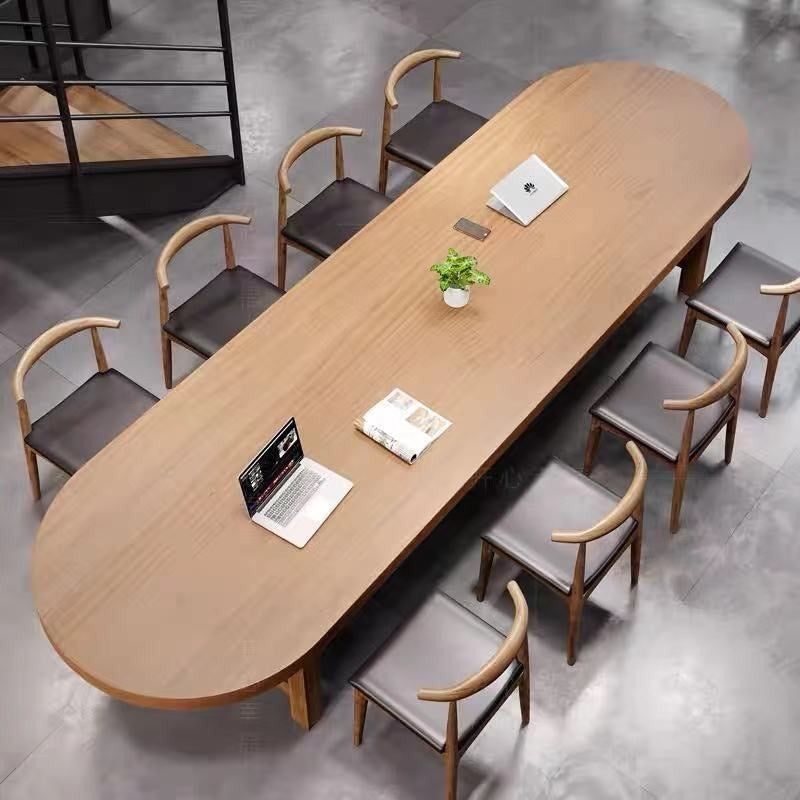 Modern Style Wooden Office Desk Oval Shape Writing Desk with 2-Legs in Natural