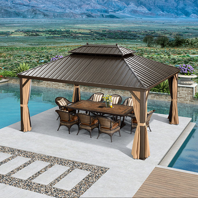 Stone/Ceramic Dining Table Outdoor Aluminum Base Patio Table in Brown