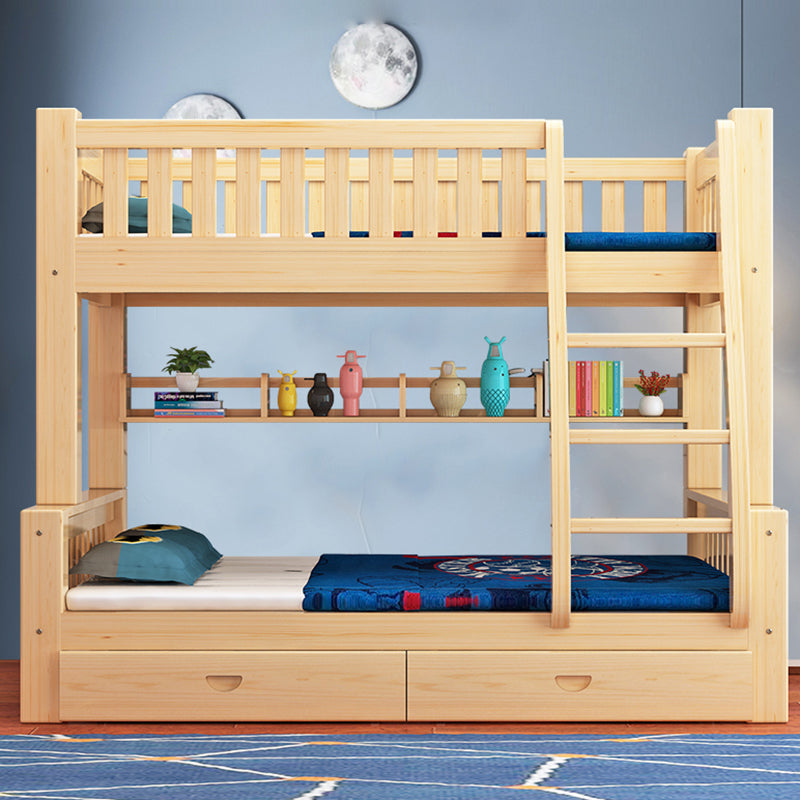 Contemporary Solid Wood Bunk Bed in Natural Kid Bed with Stairway