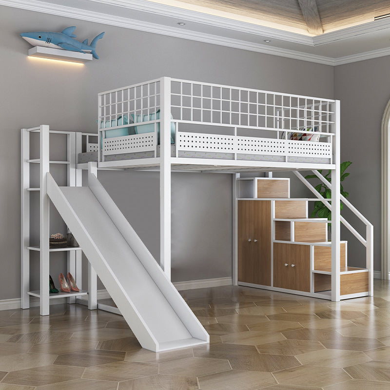 Industrial Style Black / White Loft Bed Iron Kid Bed with Guardrails