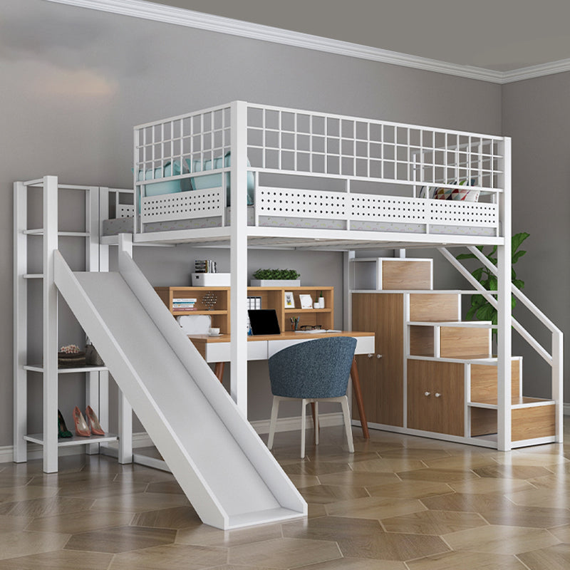 Industrial Style Black / White Loft Bed Iron Kid Bed with Guardrails